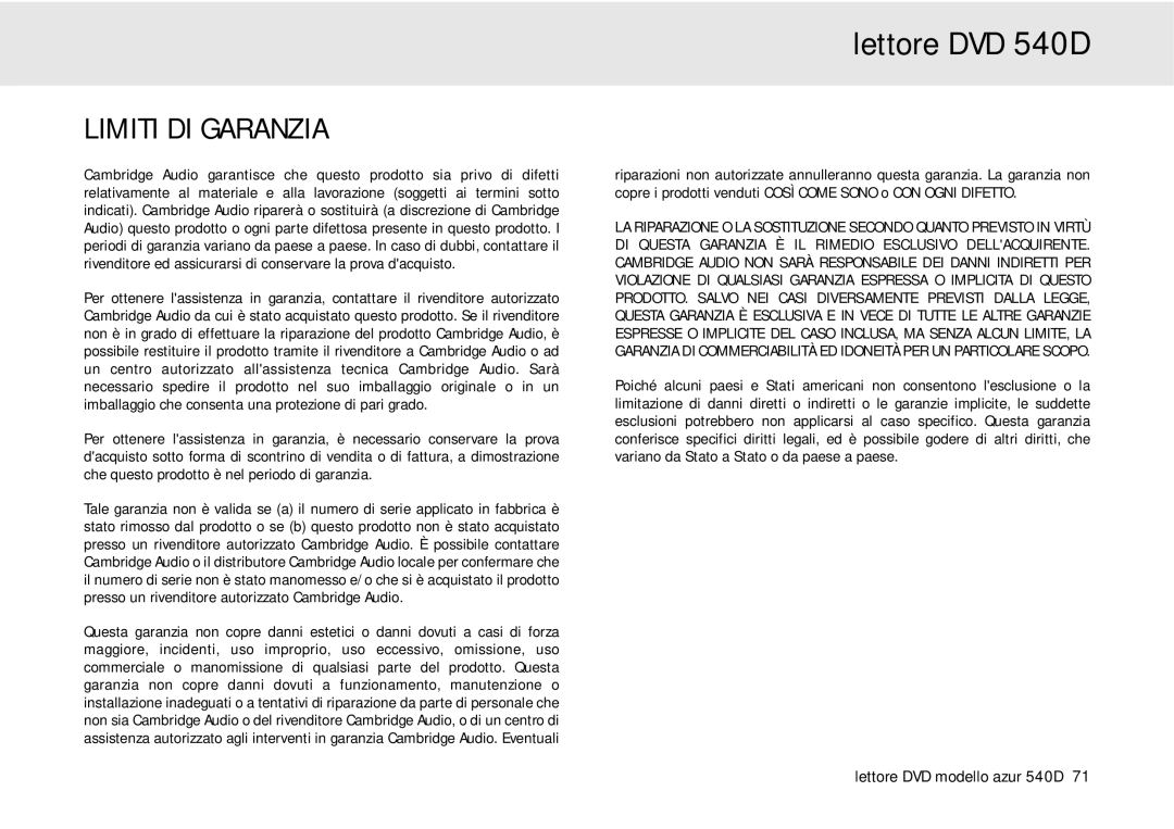 Cambridge Audio 540D user manual Limiti DI Garanzia 