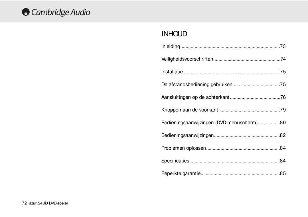 Cambridge Audio 540D user manual Inhoud 