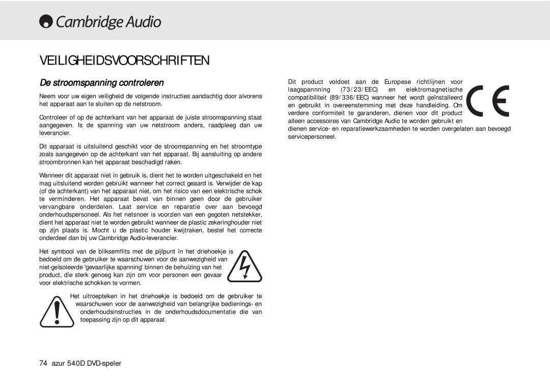 Cambridge Audio 540D user manual Veiligheidsvoorschriften, De stroomspanning controleren 