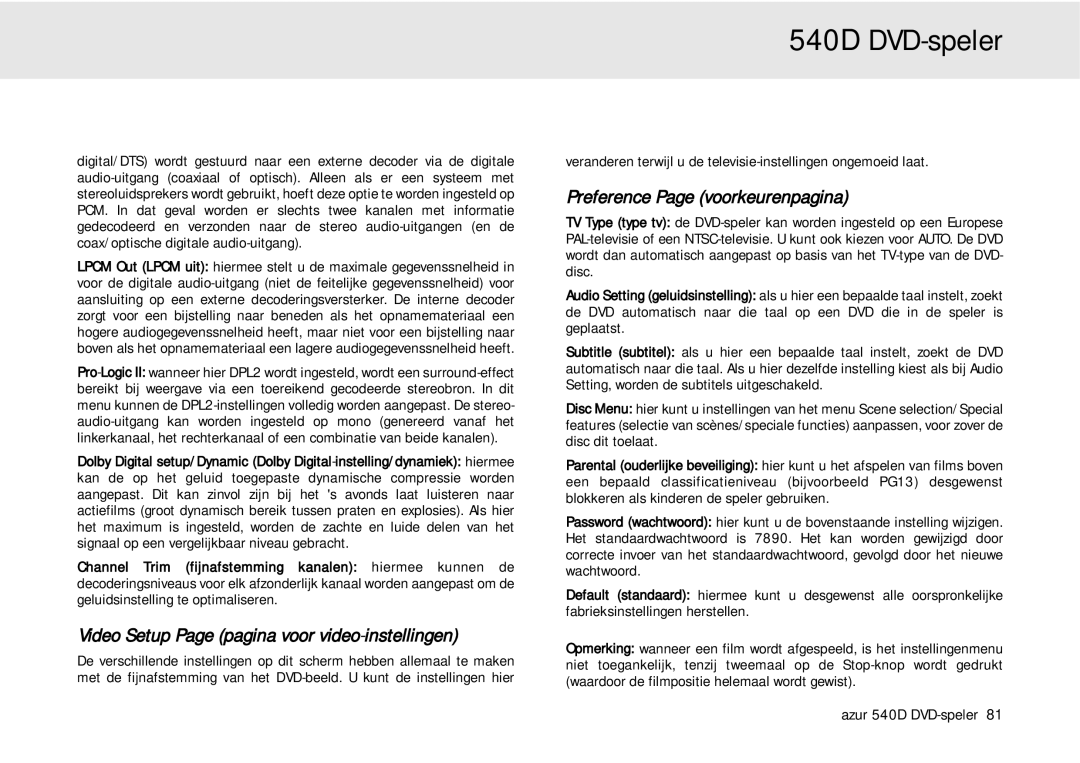 Cambridge Audio 540D user manual Video Setup Page pagina voor video-instellingen, Preference Page voorkeurenpagina 