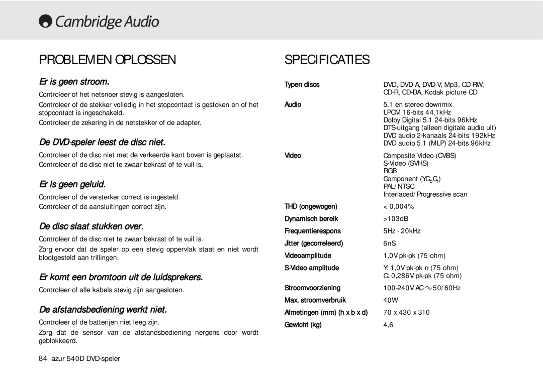 Cambridge Audio 540D user manual Problemen Oplossen, Specificaties 