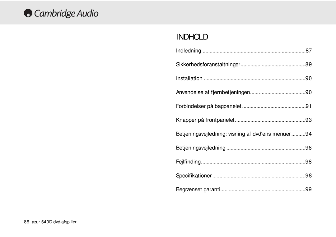 Cambridge Audio 540D user manual Indhold 