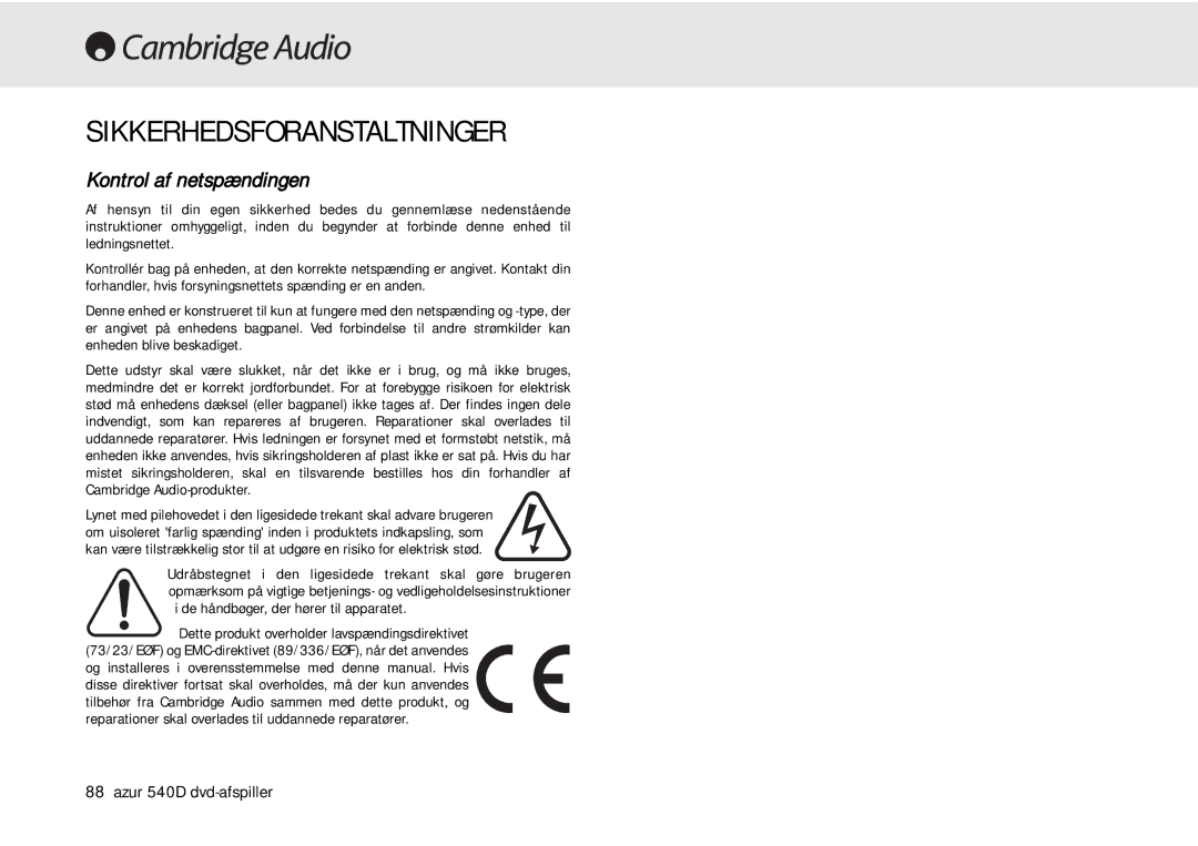 Cambridge Audio 540D user manual Sikkerhedsforanstaltninger, Kontrol af netspændingen 