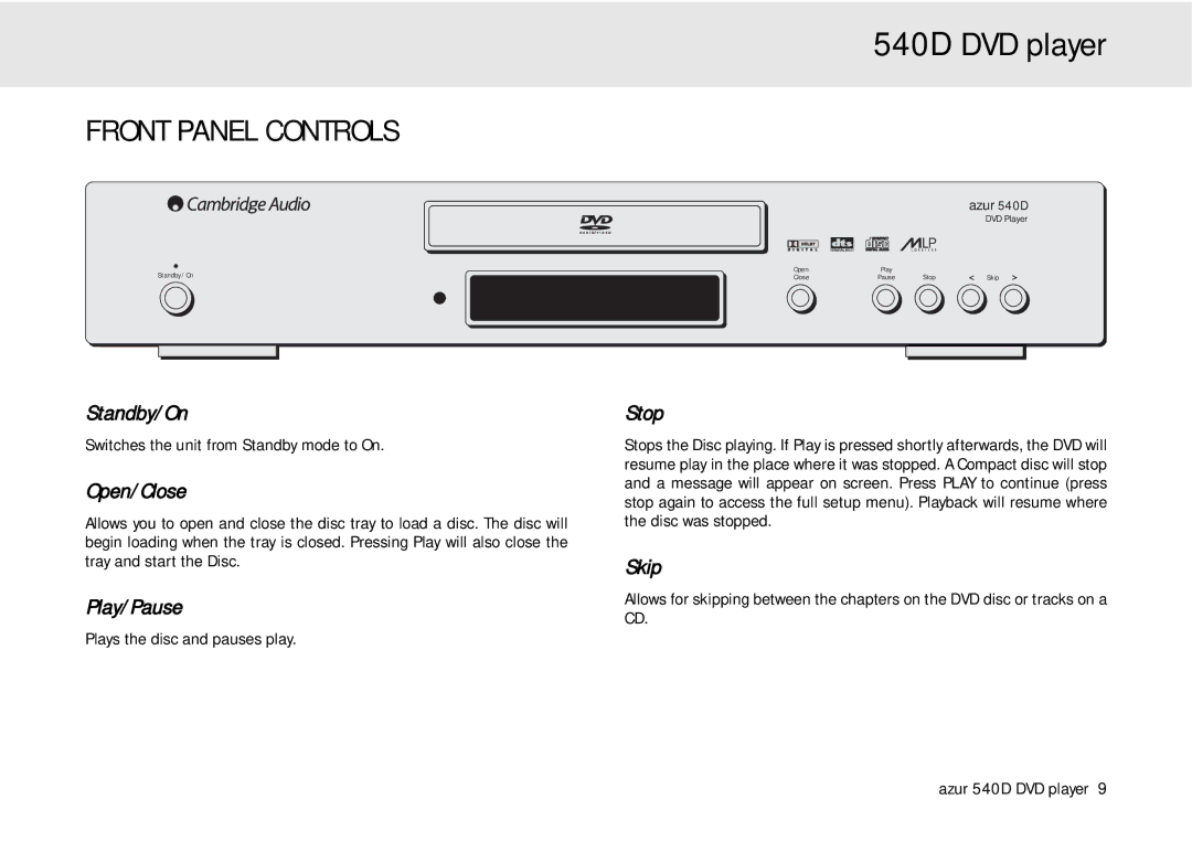 Cambridge Audio 540D user manual Front Panel Controls 