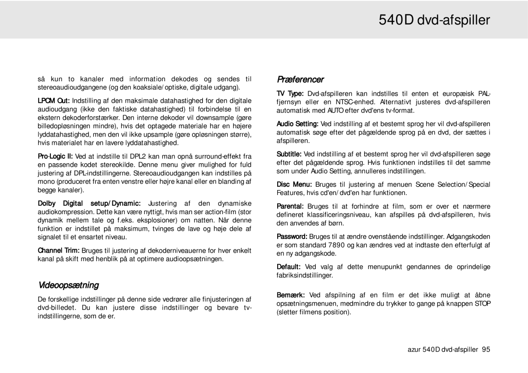 Cambridge Audio 540D user manual Videoopsætning, Præferencer 