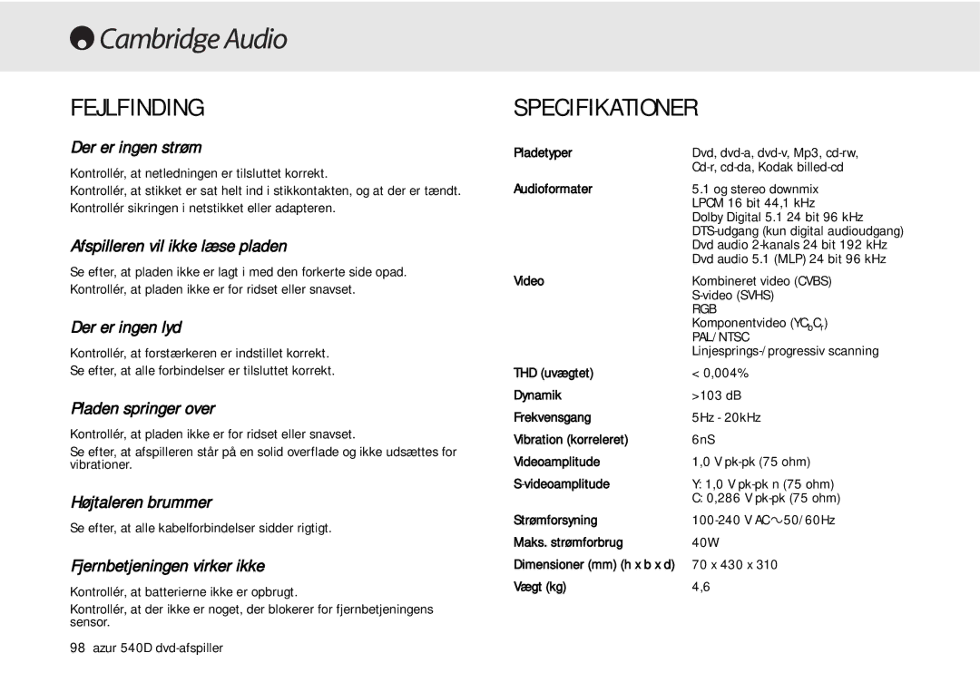 Cambridge Audio 540D user manual Fejlfinding, Specifikationer 