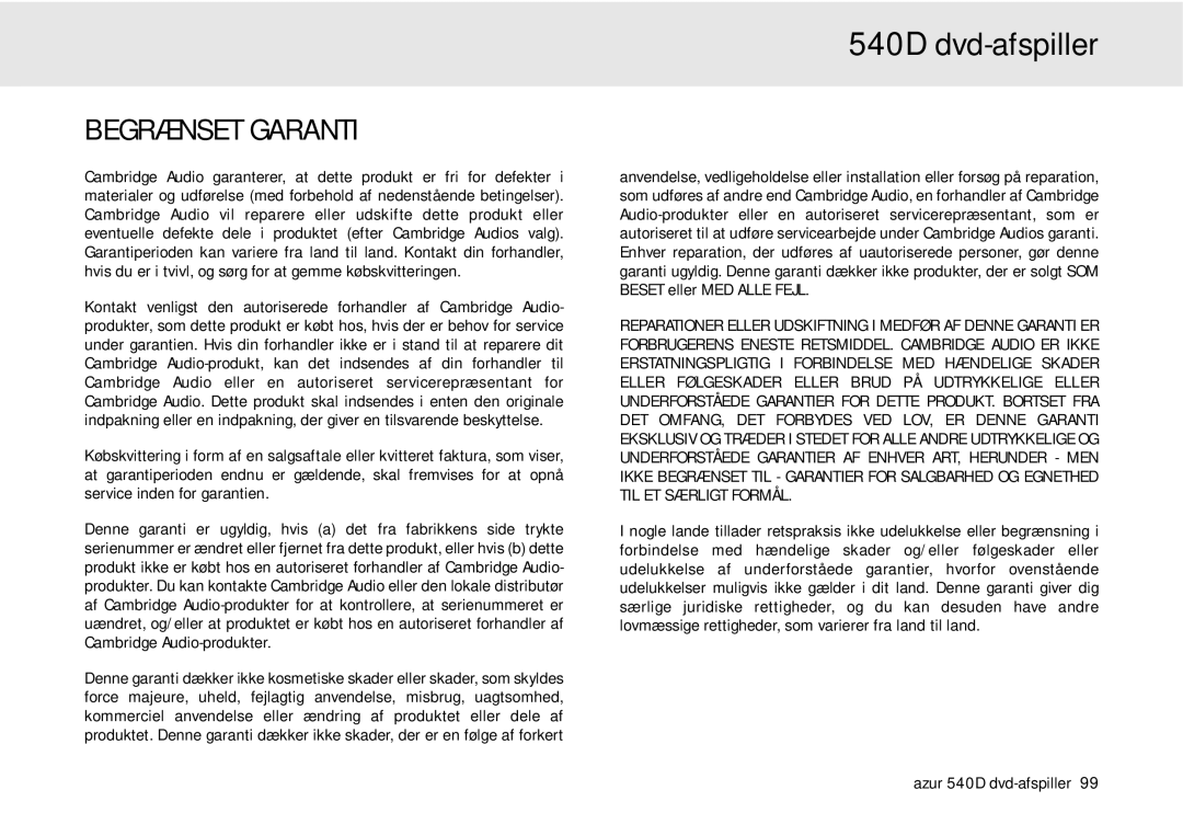 Cambridge Audio 540D user manual Begrænset Garanti 