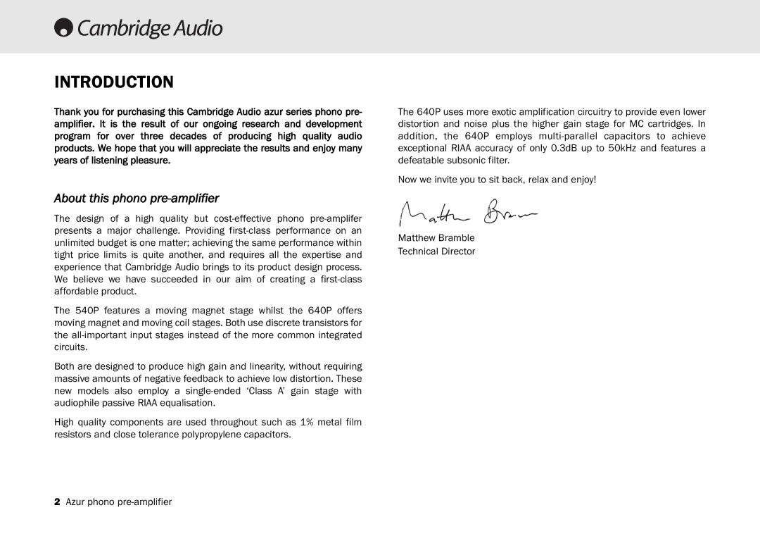 Cambridge Audio 540P user manual Introduction, About this phono pre-amplifier 