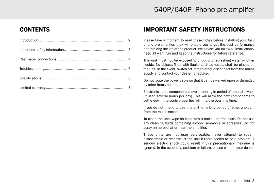 Cambridge Audio 540P user manual Contents, Important Safety Instructions 