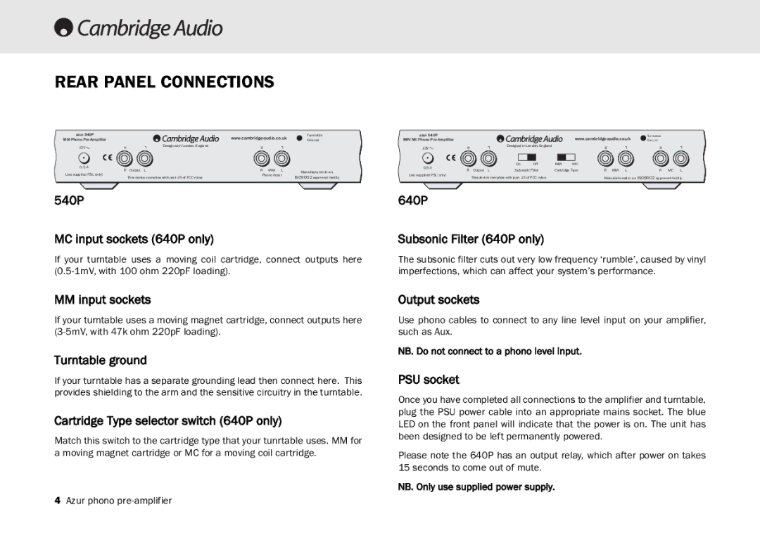 Cambridge Audio 540P user manual Rear Panel Connections 