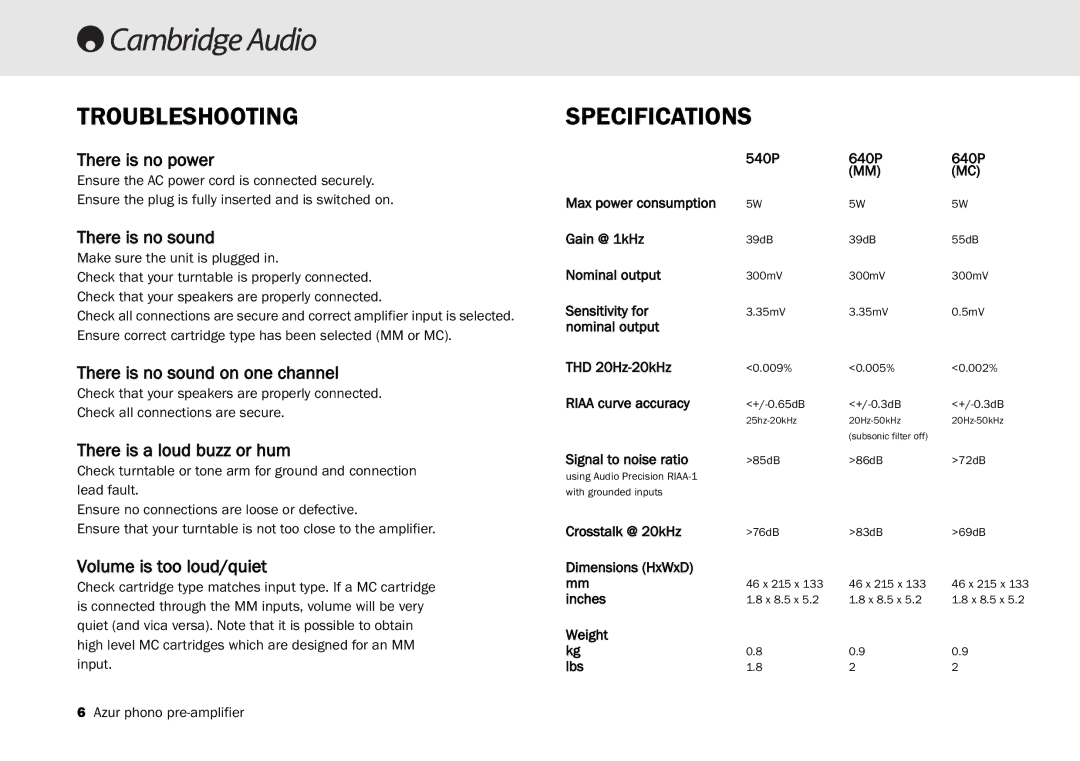 Cambridge Audio 540P user manual Troubleshooting, Specifications 