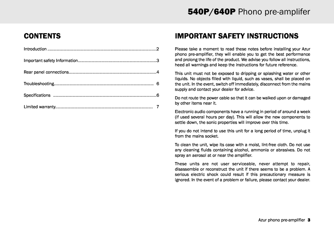 Cambridge Audio user manual 540P/640P Phono pre-amplifer, Contents, Important Safety Instructions 