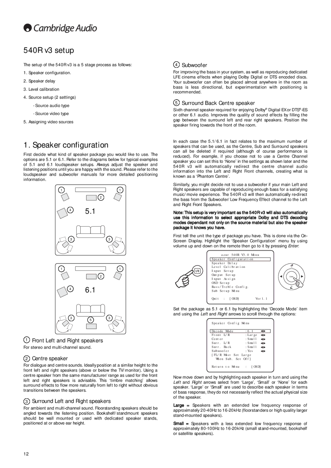 Cambridge Audio 540R V3 user manual 540R v3 setup, Speaker configuration 