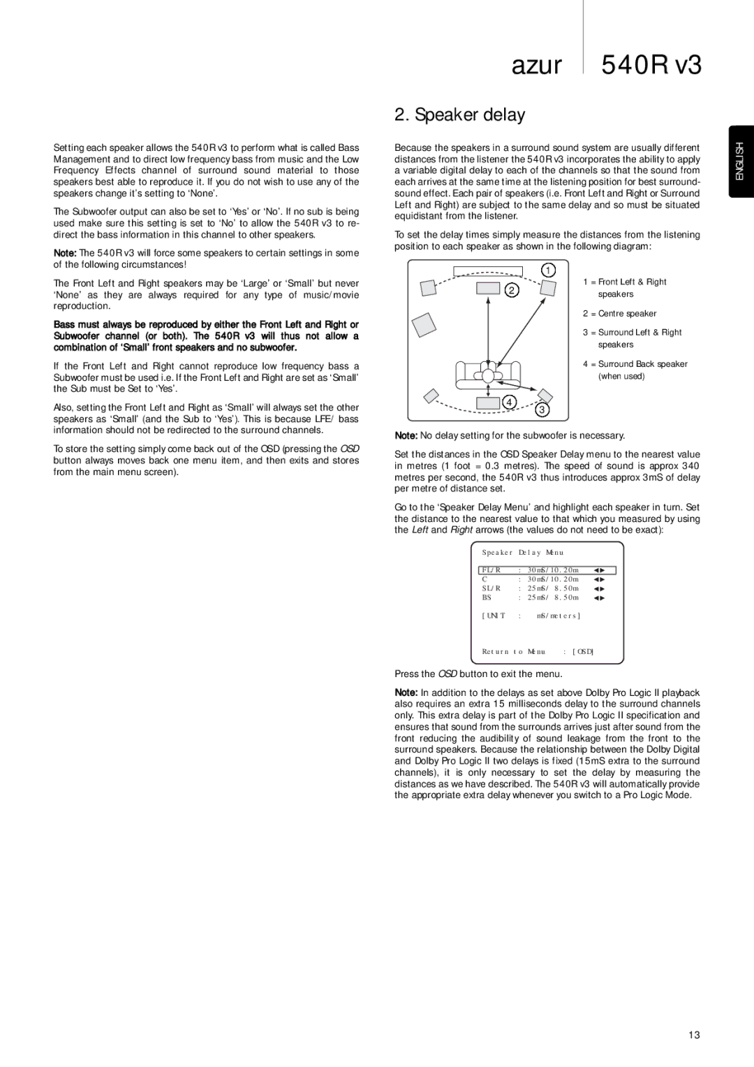 Cambridge Audio 540R V3 user manual Speaker delay 