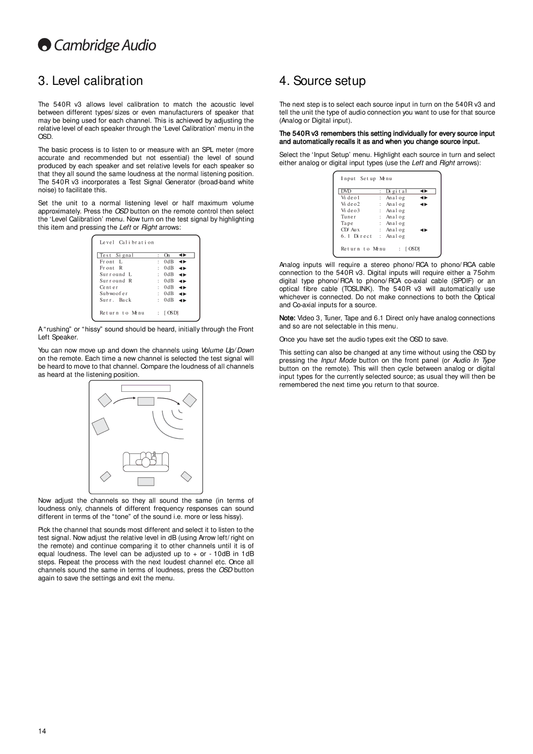 Cambridge Audio 540R V3 user manual Level calibration, Source setup 