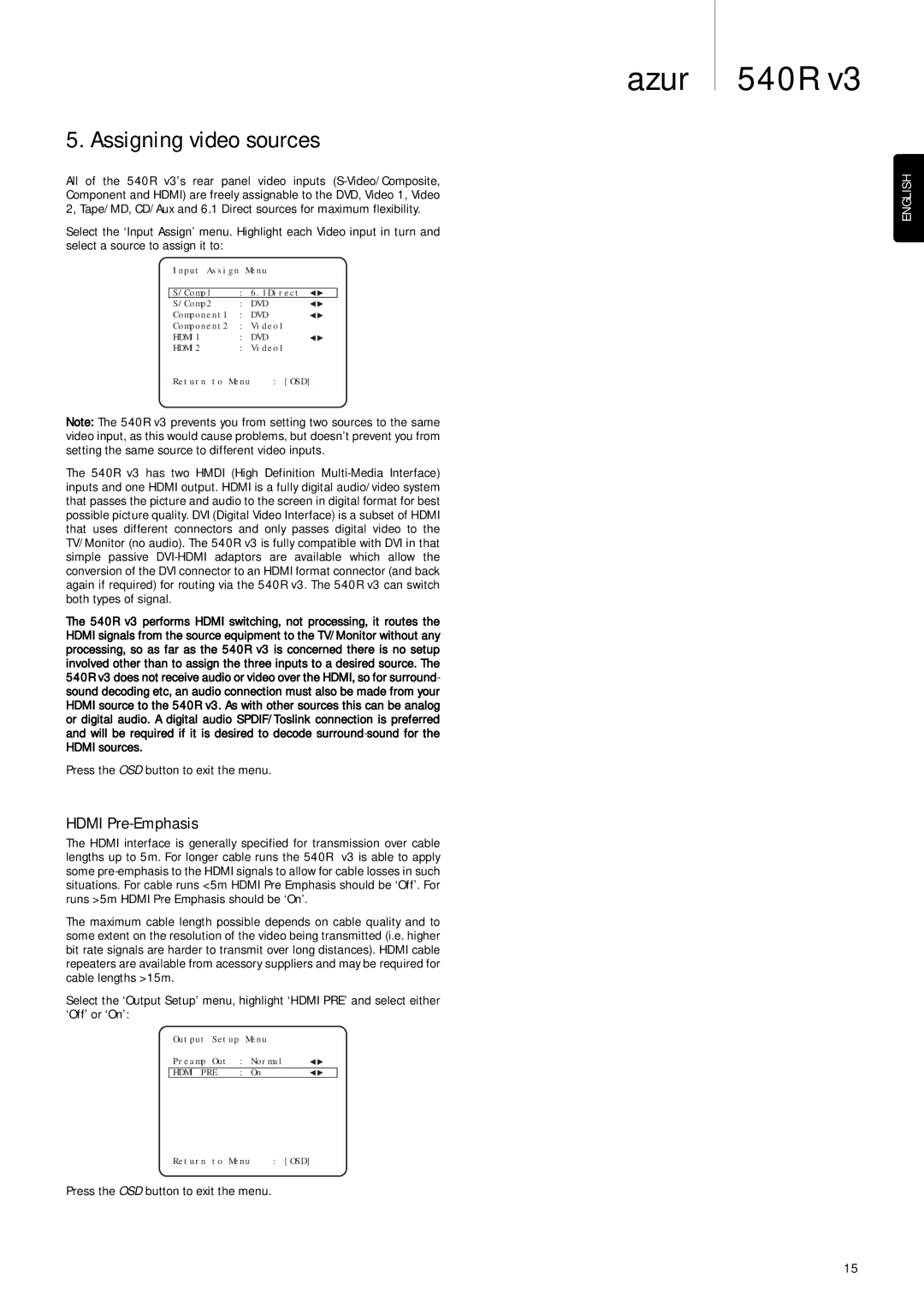 Cambridge Audio 540R V3 user manual Assigning video sources, Hdmi Pre-Emphasis 