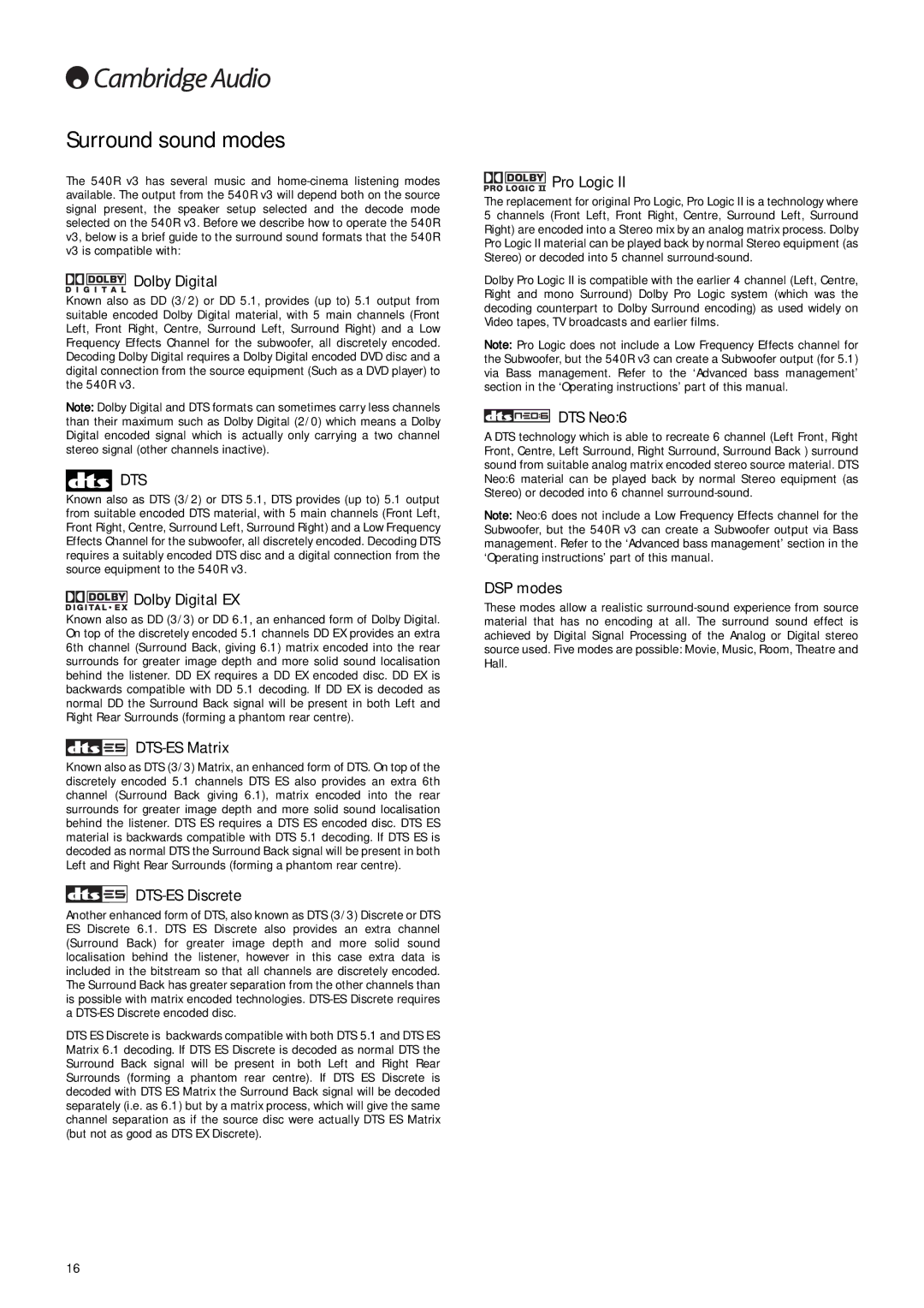 Cambridge Audio 540R V3 user manual Surround sound modes 