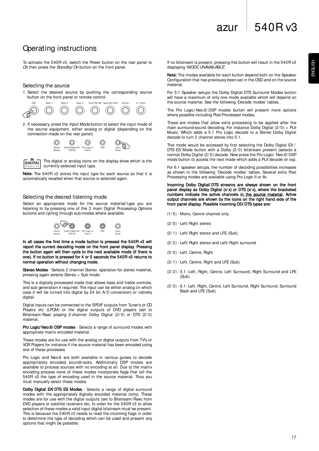 Cambridge Audio 540R V3 user manual Operating instructions, Selecting the source, Selecting the desired listening mode 