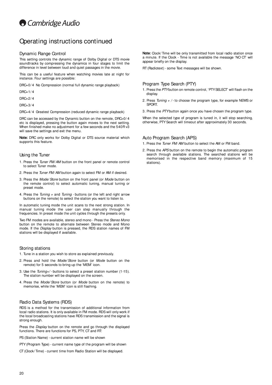 Cambridge Audio 540R V3 user manual Dynamic Range Control, Using the Tuner, Storing stations, Radio Data Systems RDS 