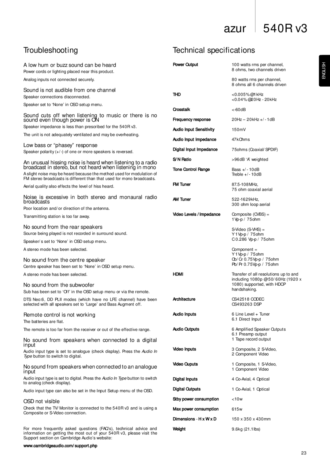 Cambridge Audio 540R V3 user manual Troubleshooting, Technical specifications 