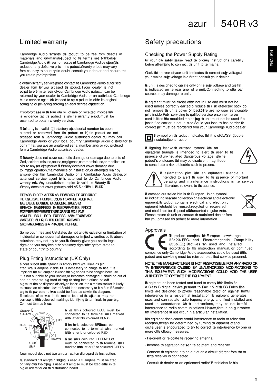 Cambridge Audio 540R V3 user manual Limited warranty, Safety precautions, Plug Fitting Instructions UK Only, Approvals 