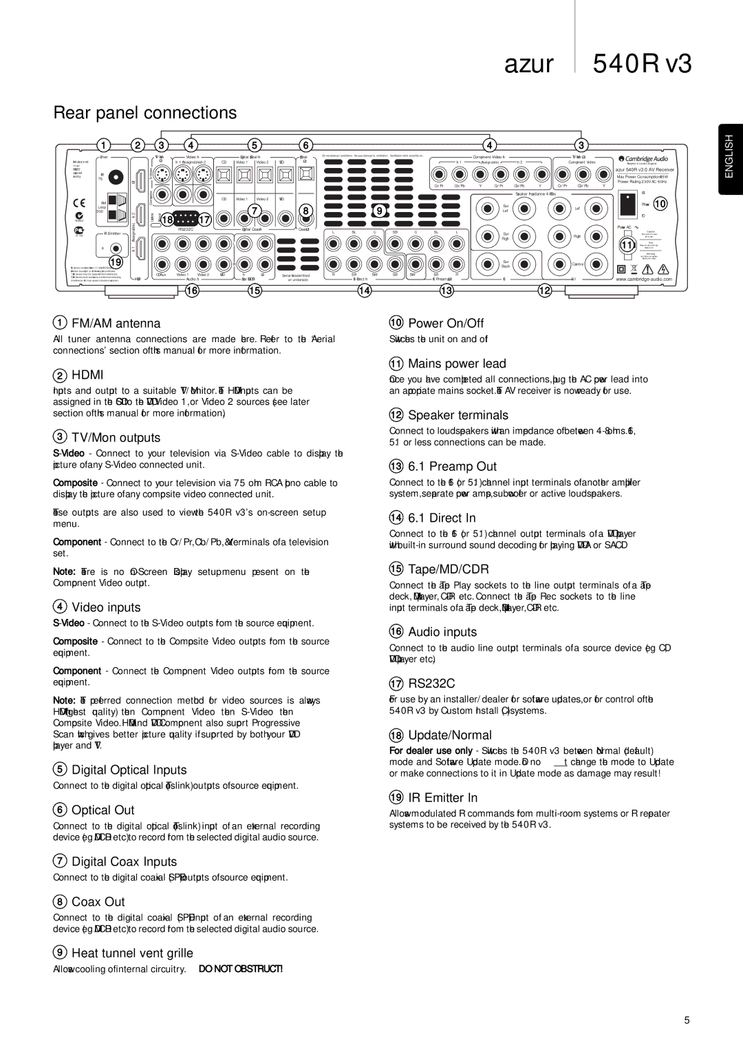 Cambridge Audio 540R V3 user manual Rear panel connections 