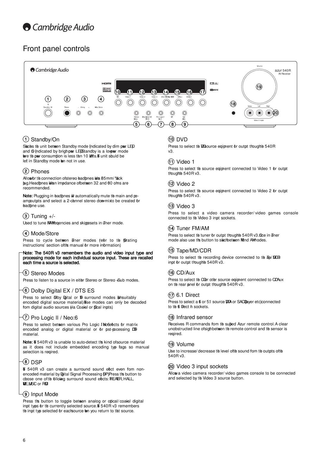 Cambridge Audio 540R V3 user manual Front panel controls 