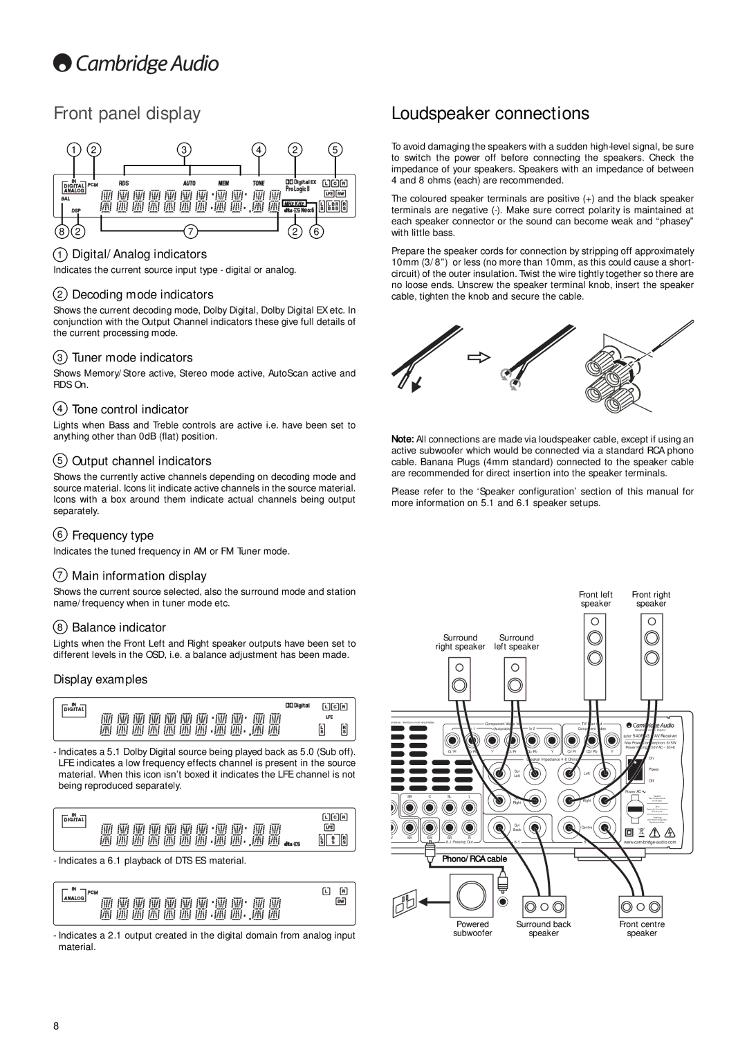 Cambridge Audio 540R V3 user manual Loudspeaker connections 