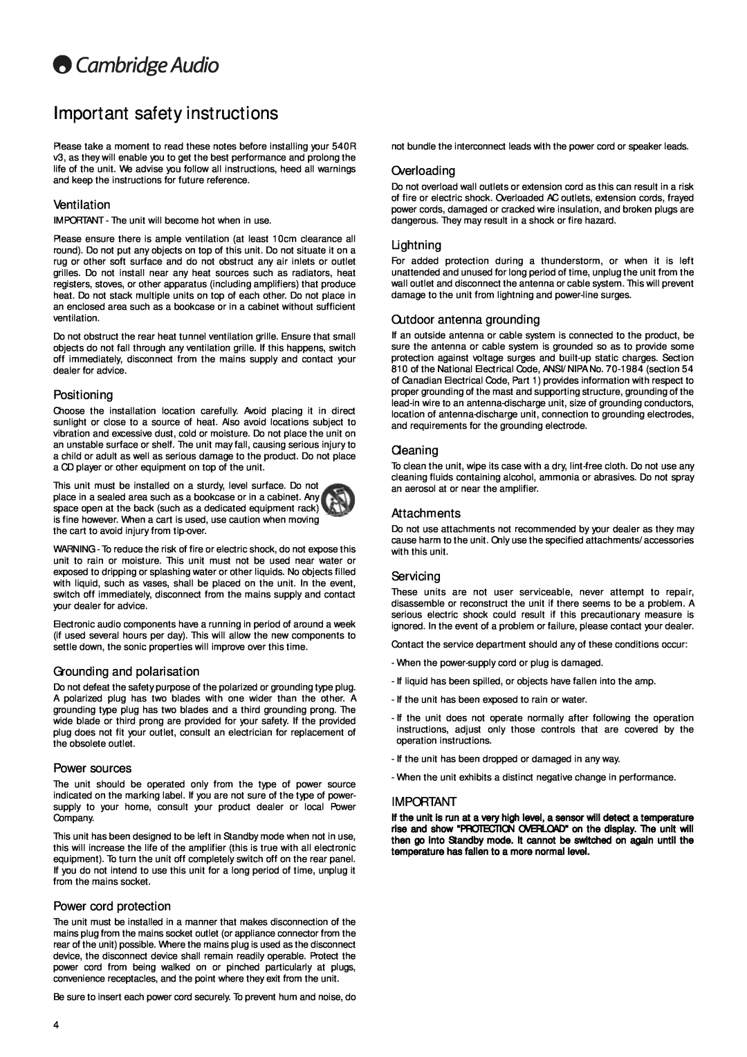 Cambridge Audio 540R V3 user manual Important safety instructions 
