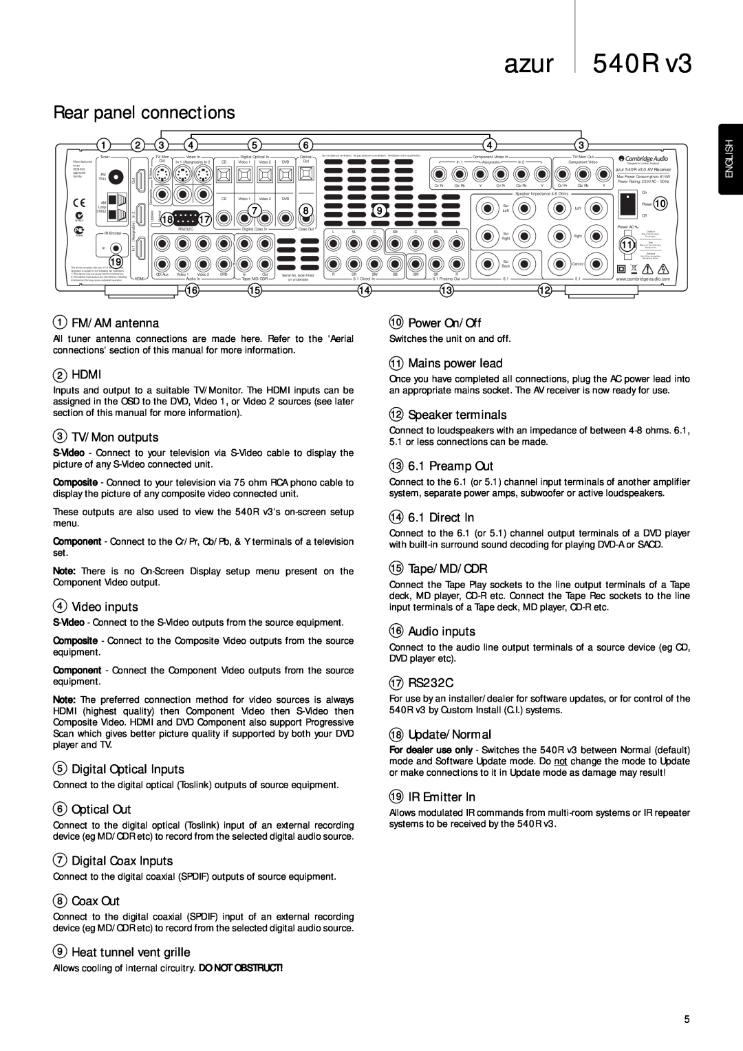 Cambridge Audio 540R V3 user manual Rear panel connections, azur 540R 