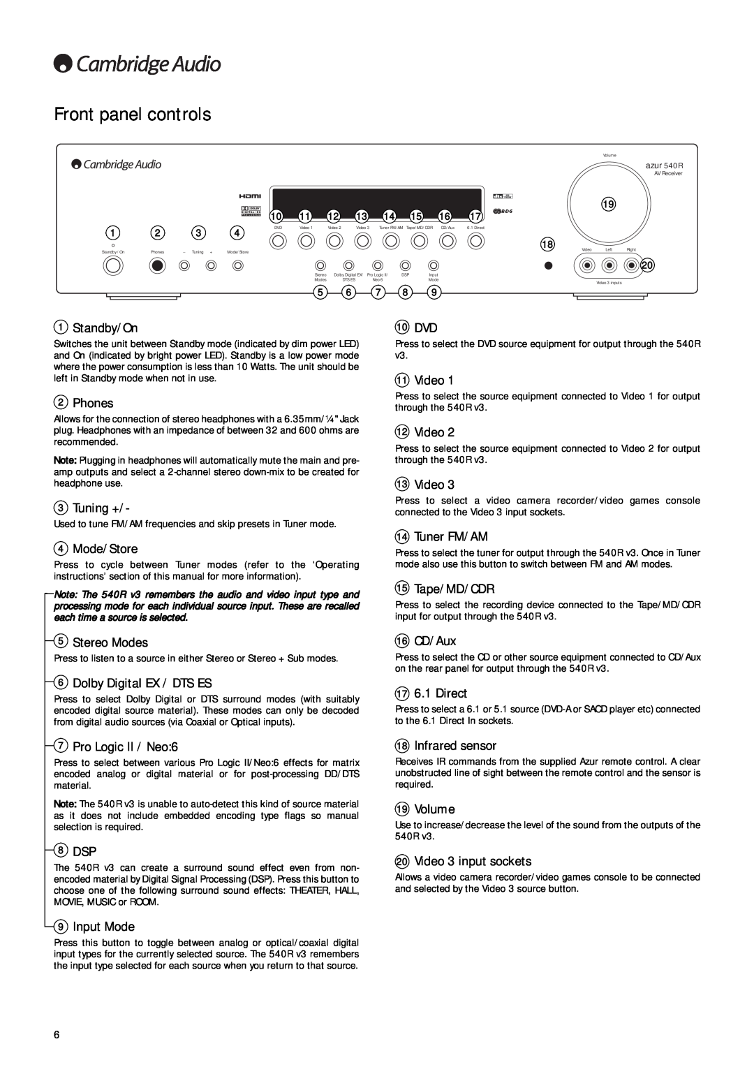 Cambridge Audio 540R V3 user manual Front panel controls 
