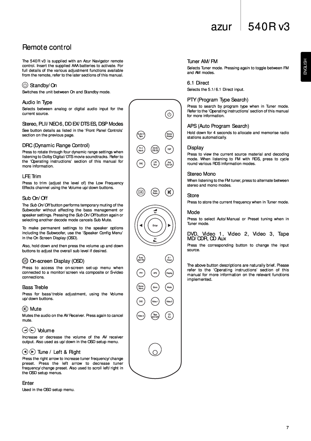 Cambridge Audio 540R V3 user manual Remote control, azur 540R 