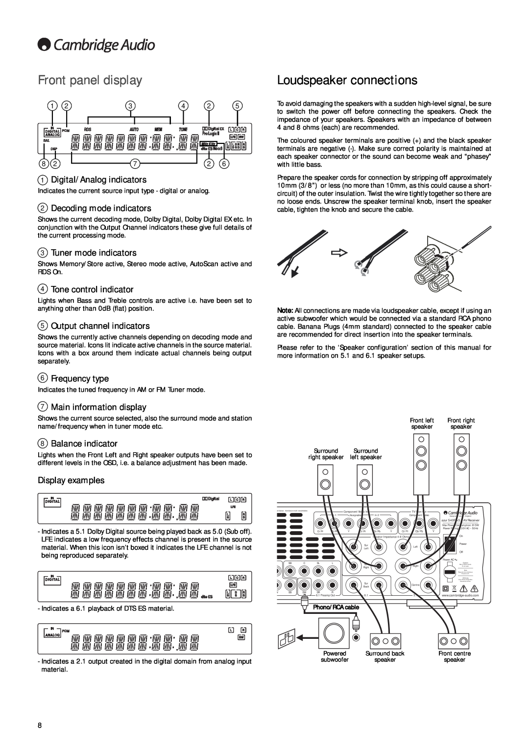 Cambridge Audio 540R V3 user manual Loudspeaker connections, Front panel display 