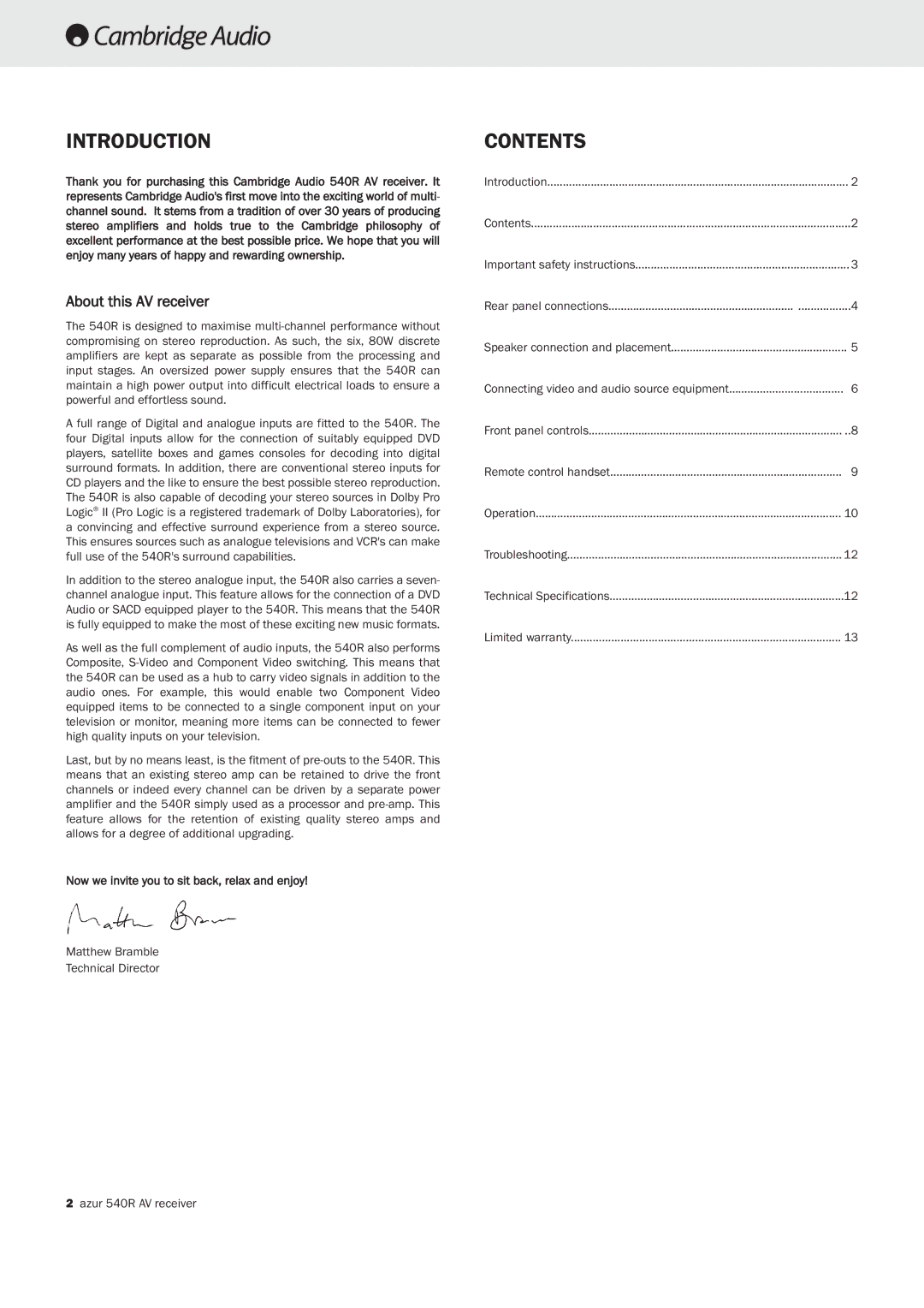 Cambridge Audio 540R important safety instructions Introduction, Contents 