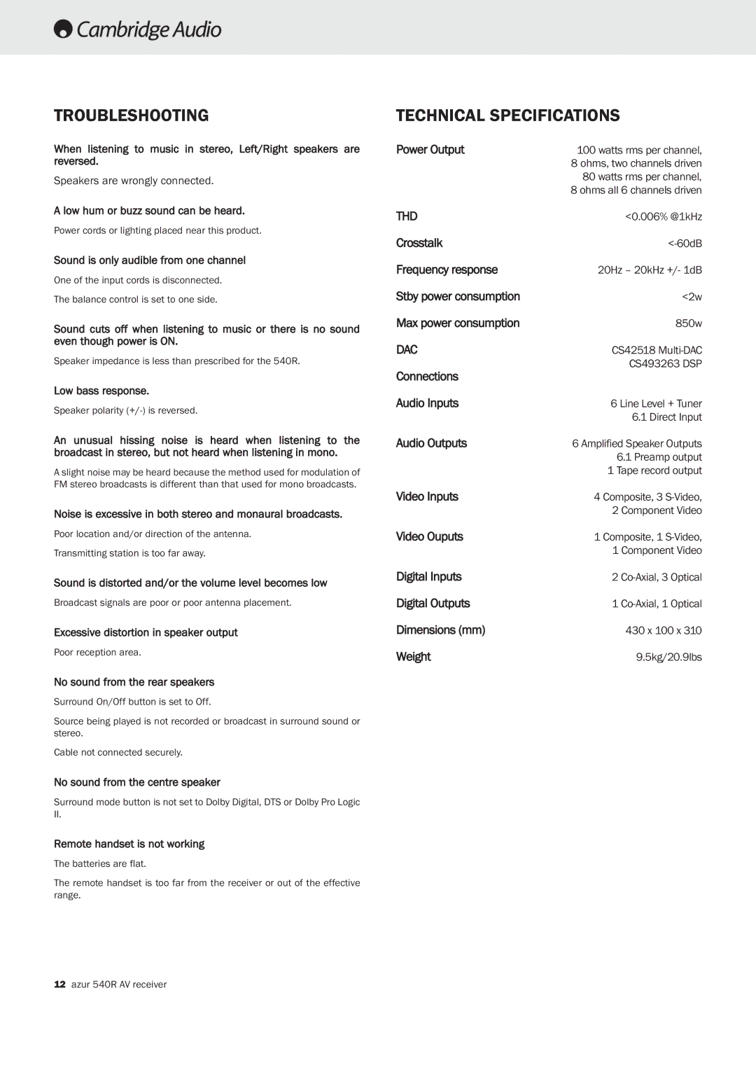 Cambridge Audio 540R important safety instructions Troubleshooting, Technical Specifications 