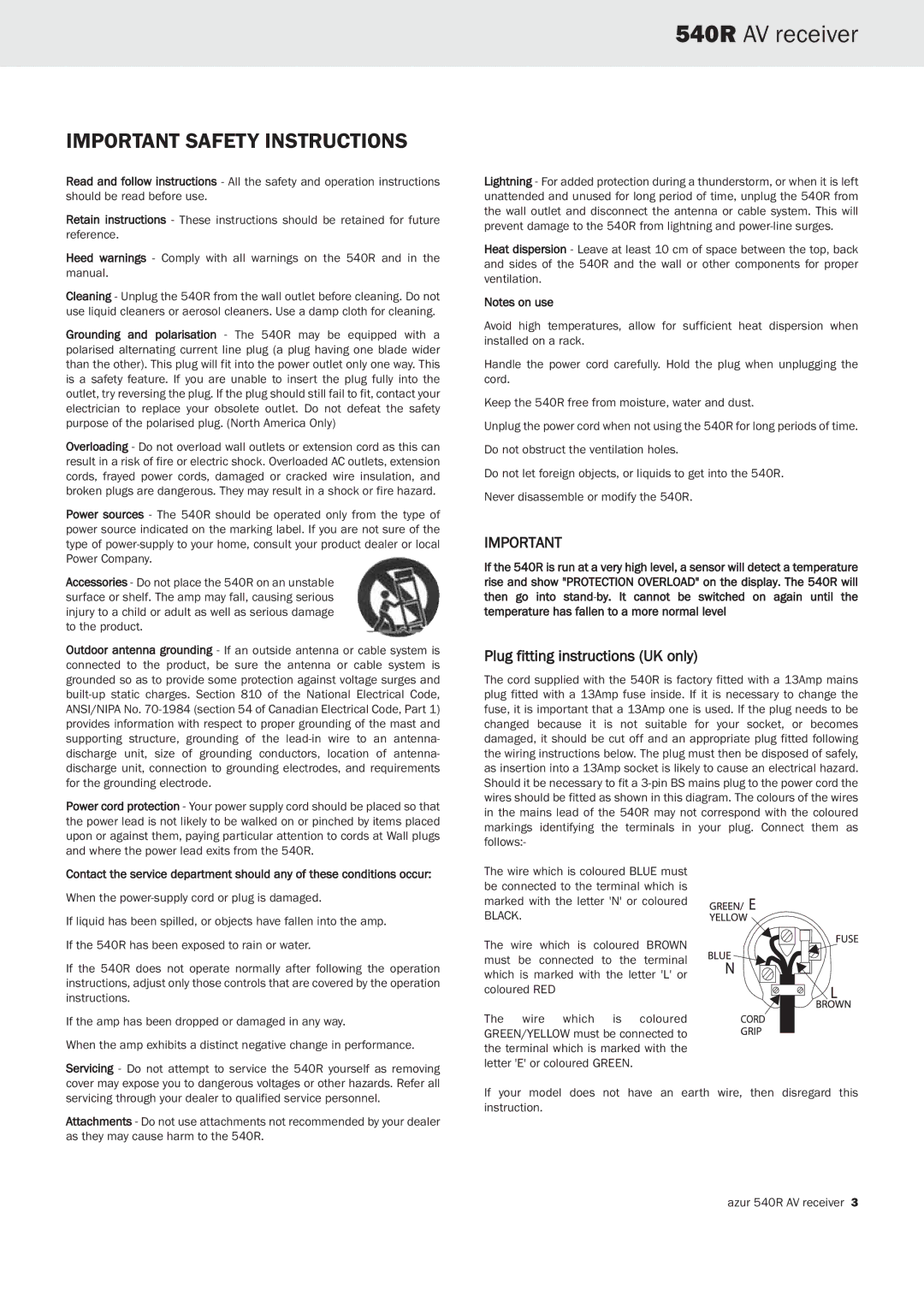 Cambridge Audio 540R important safety instructions Important Safety Instructions, Plug fitting instructions UK only 