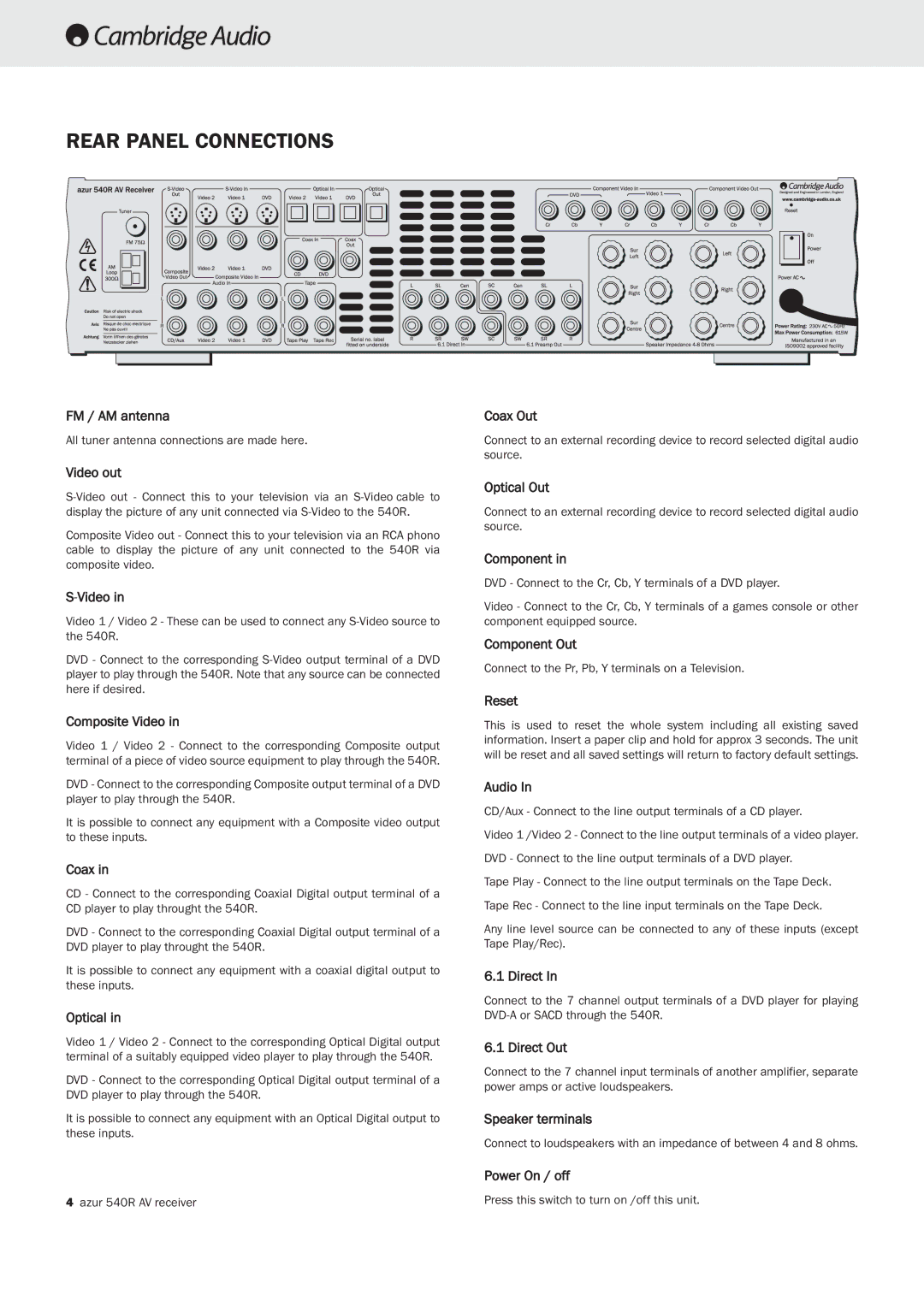 Cambridge Audio 540R important safety instructions Rear Panel Connections 