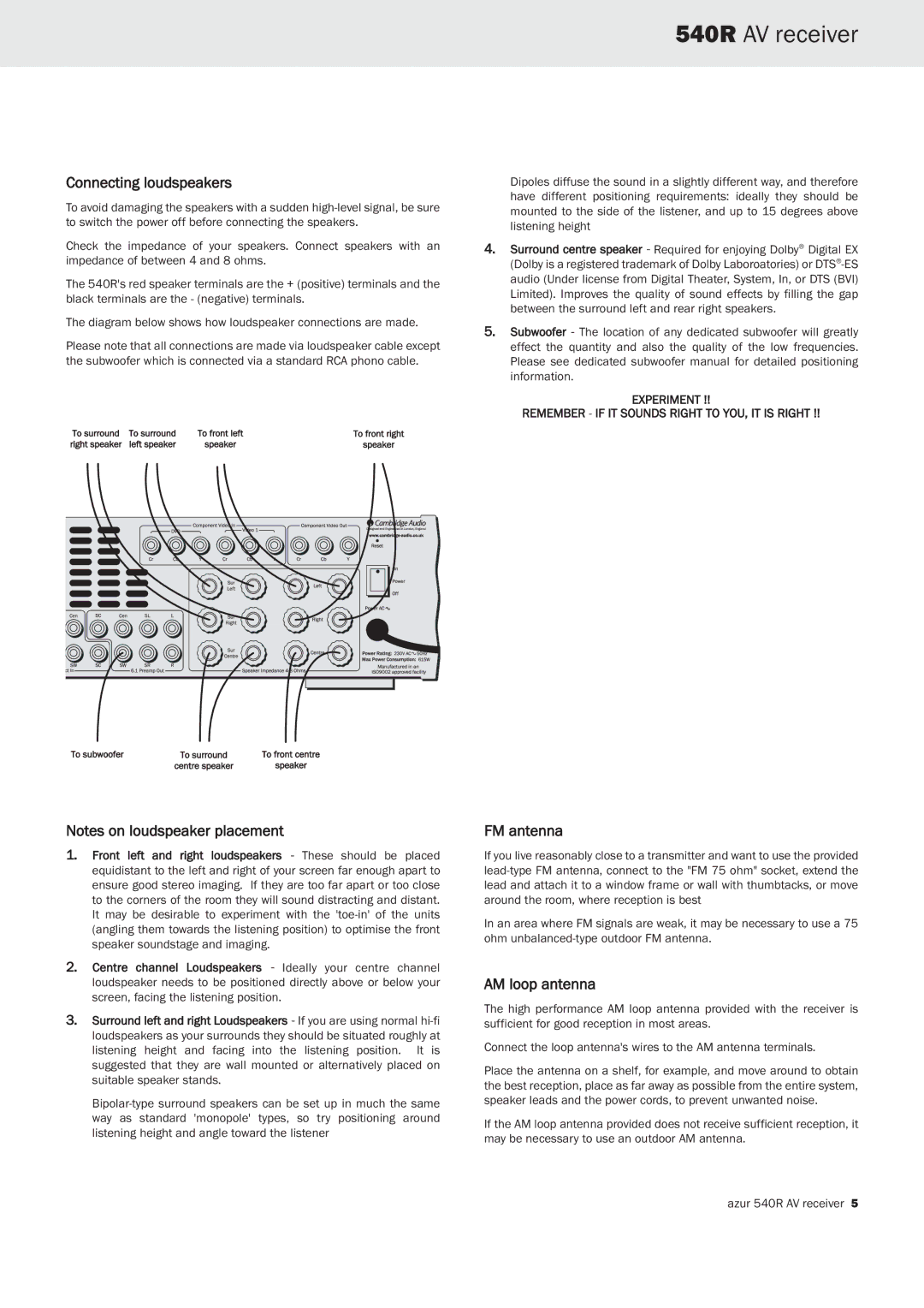 Cambridge Audio 540R important safety instructions Connecting loudspeakers, FM antenna, AM loop antenna 