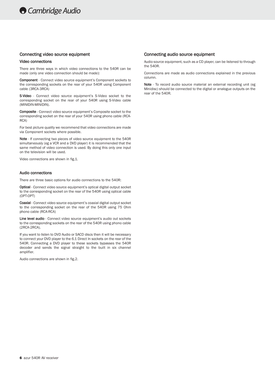 Cambridge Audio 540R Connecting video source equipment, Connecting audio source equipment, Video connections 