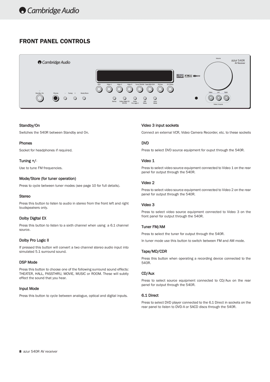 Cambridge Audio 540R important safety instructions Front Panel Controls 