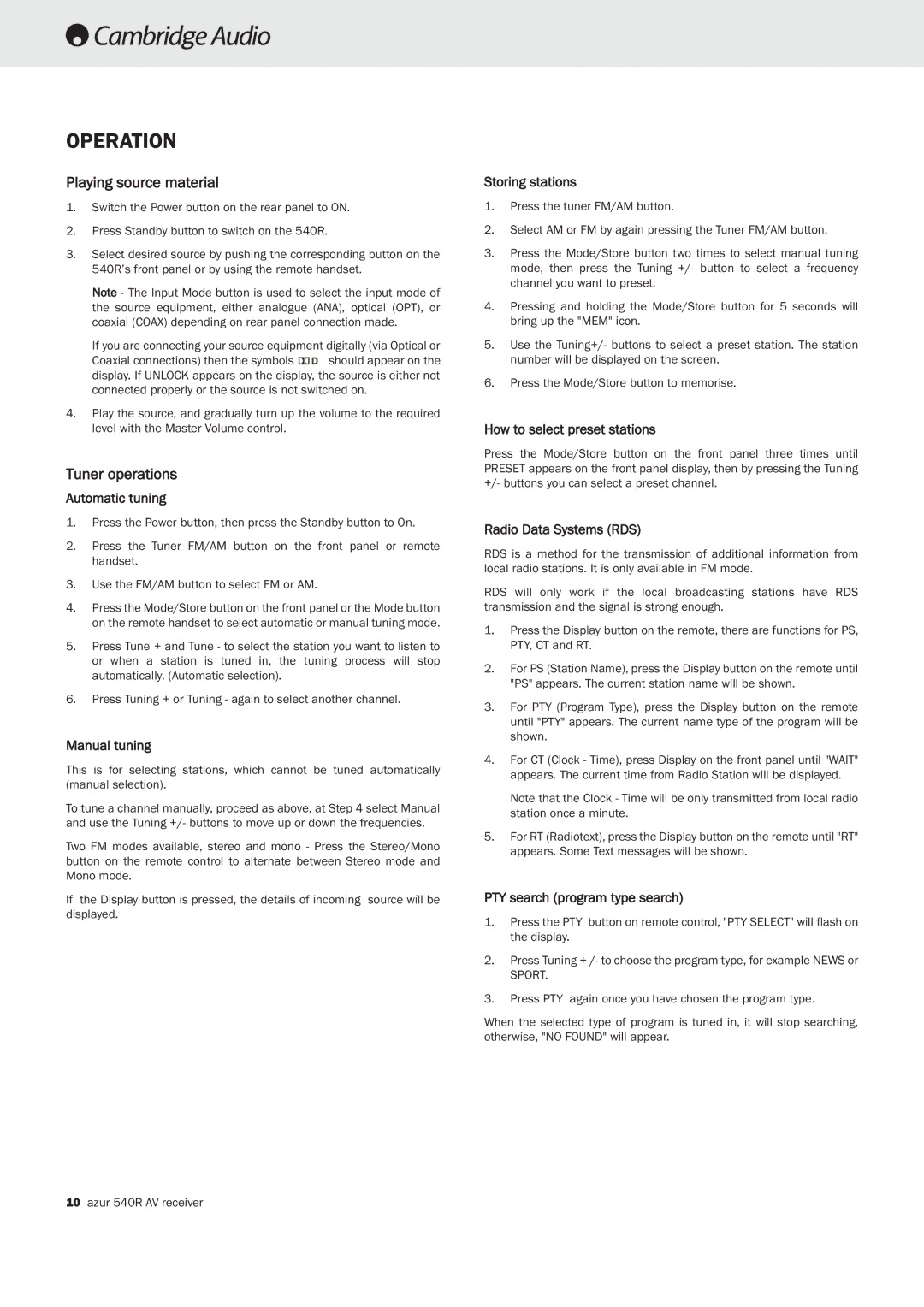 Cambridge Audio 540R important safety instructions Operation, Playing source material, Tuner operations 