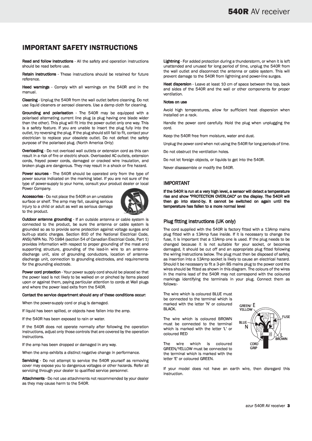Cambridge Audio important safety instructions 540R AV receiver, Important Safety Instructions, Notes on use 
