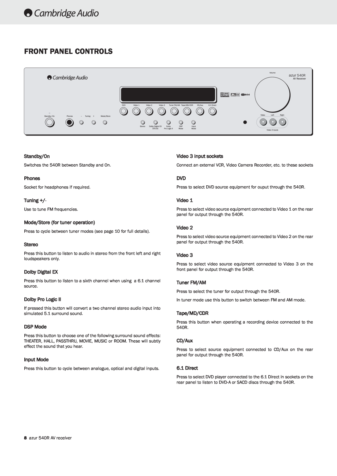 Cambridge Audio 540R important safety instructions Front Panel Controls 