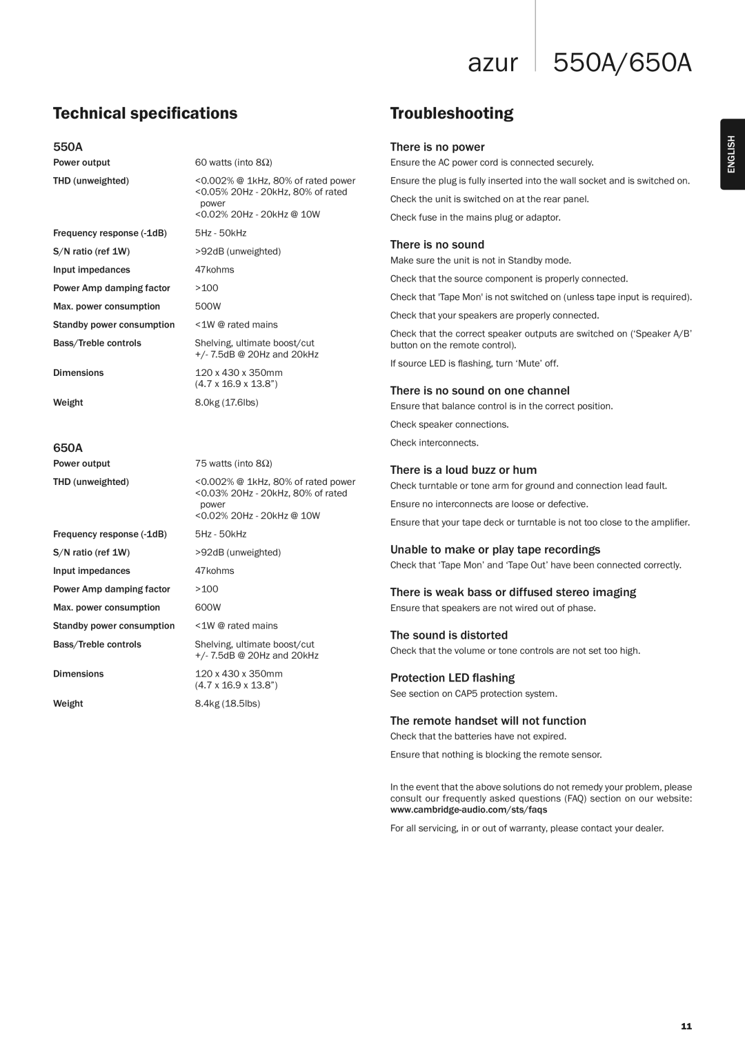 Cambridge Audio 650A, 550A user manual Technical speciﬁcations, Troubleshooting 