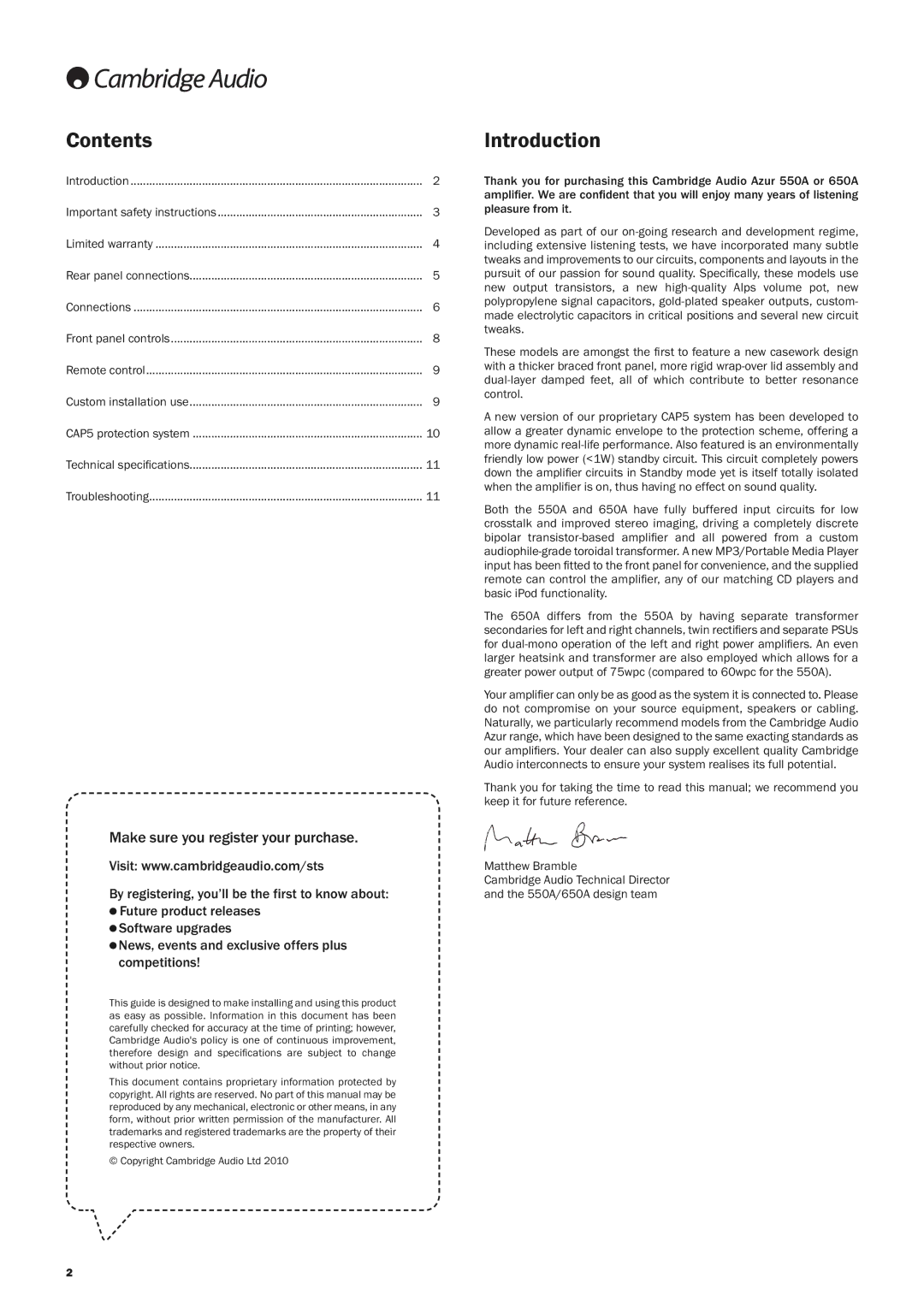 Cambridge Audio 550A, 650A user manual Contents, Introduction 