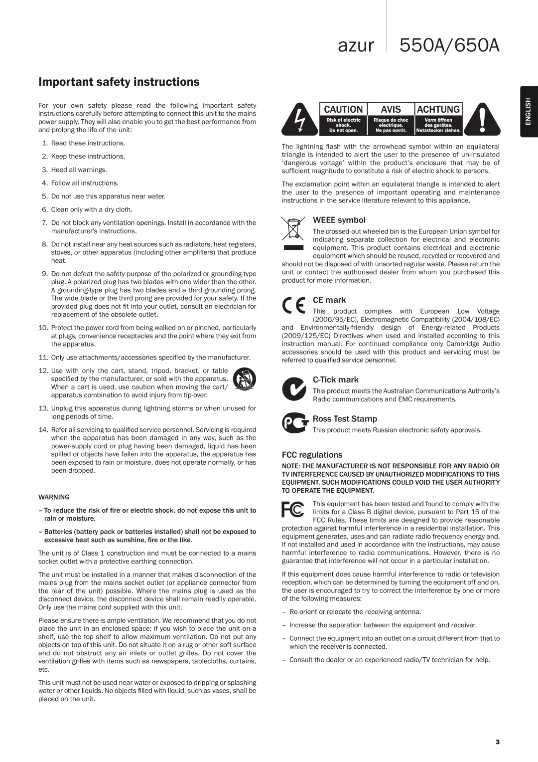 Cambridge Audio 650A, 550A user manual Important safety instructions 