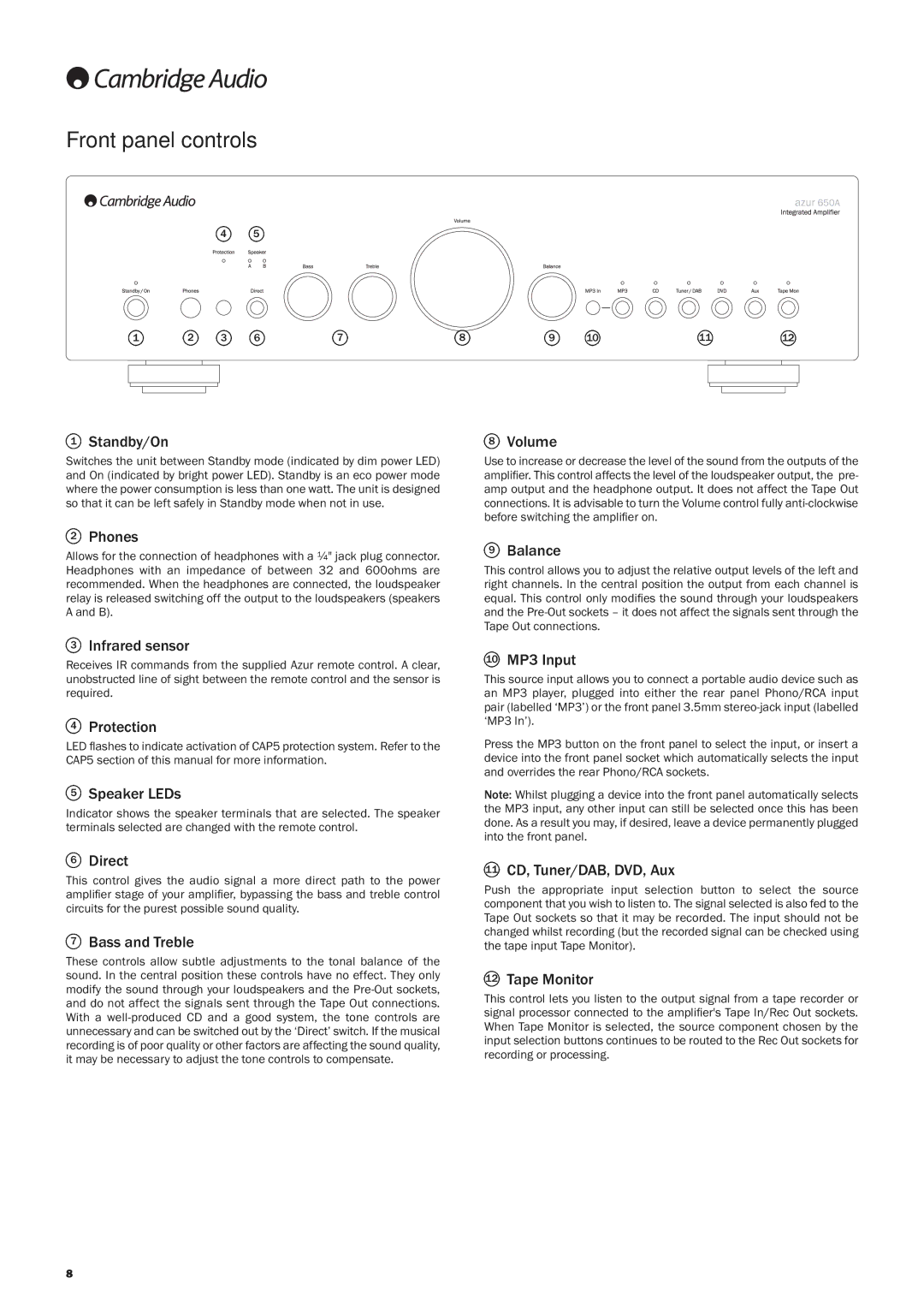 Cambridge Audio 550A, 650A user manual Front panel controls 