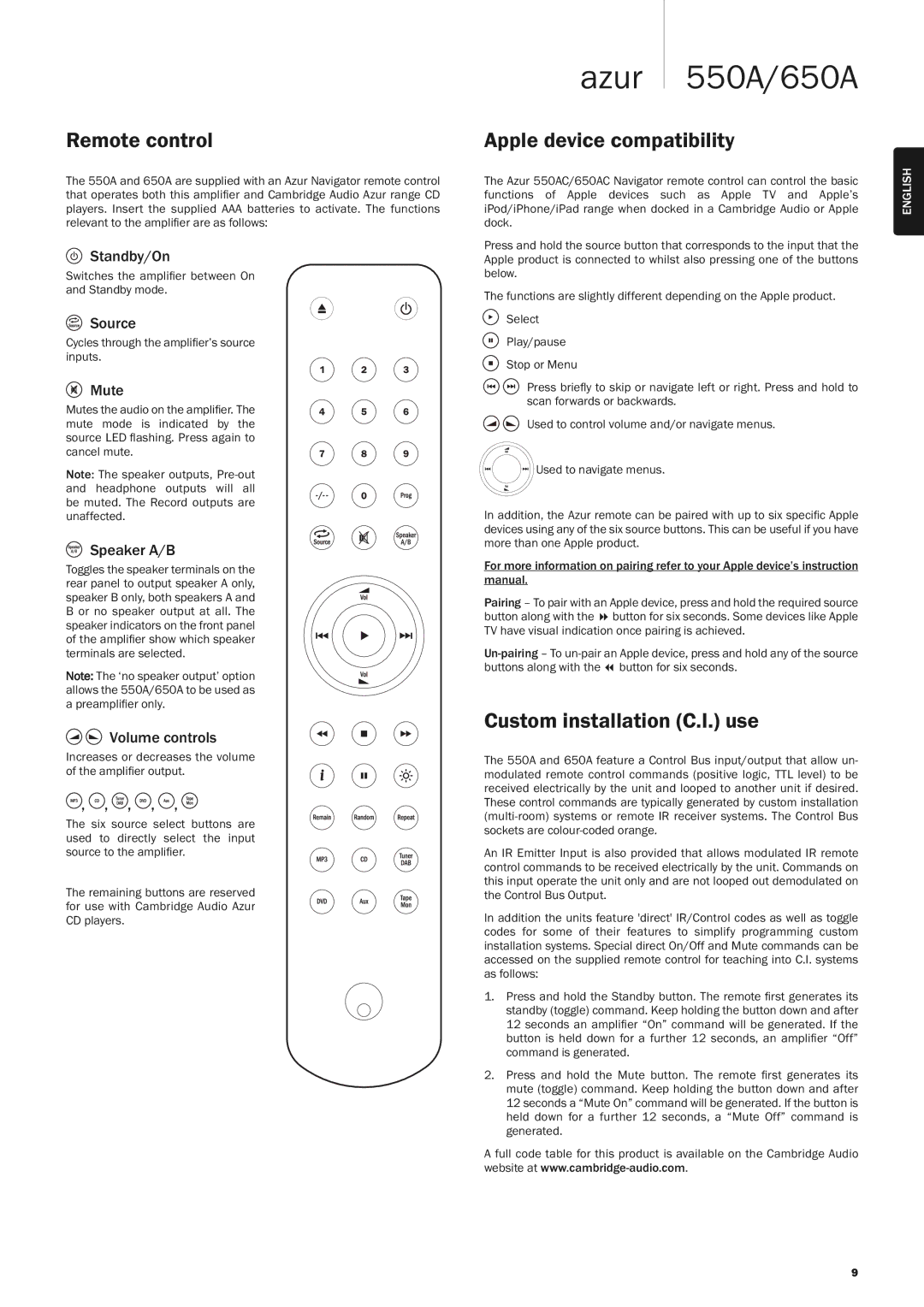 Cambridge Audio 650A, 550A user manual Remote control, Apple device compatibility, Custom installation C.I. use 