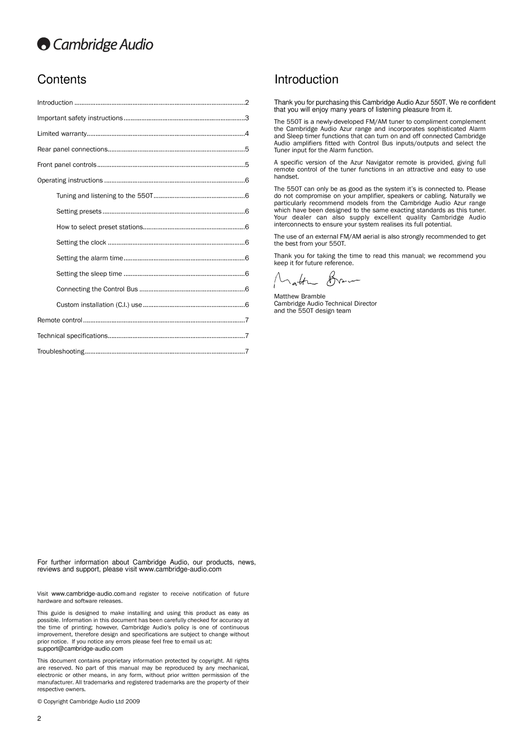 Cambridge Audio 550T user manual Introduction, Contents 