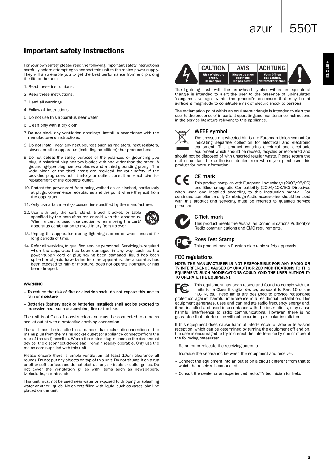 Cambridge Audio 550T user manual Important safety instructions 